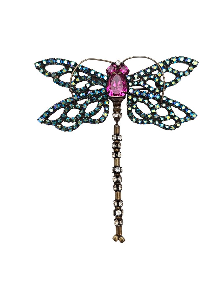 Bauer Dragonfly Brooch Pink, Blue Ab Rhinestone Articulated Pin Signed, J595
